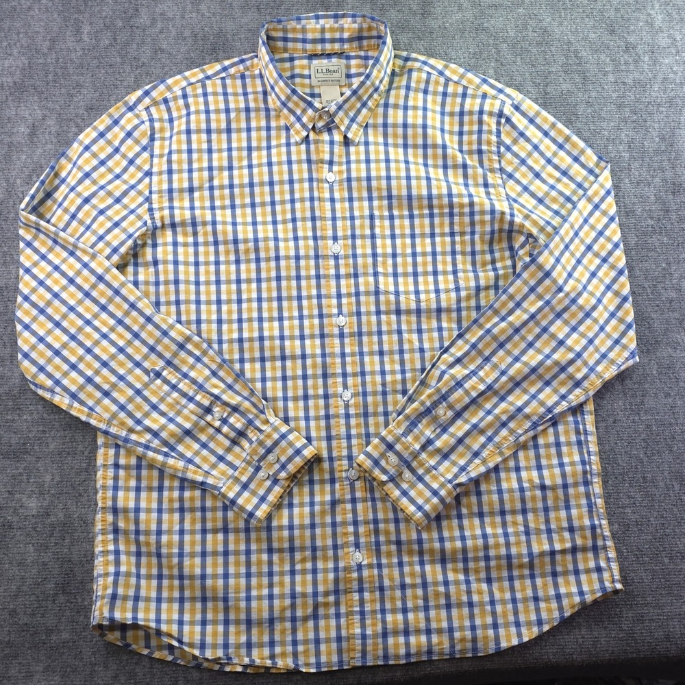 LL Bean Shirt‎ Large Yellow Blue Check Long Sleeve Button Up Poly Blend Stretch